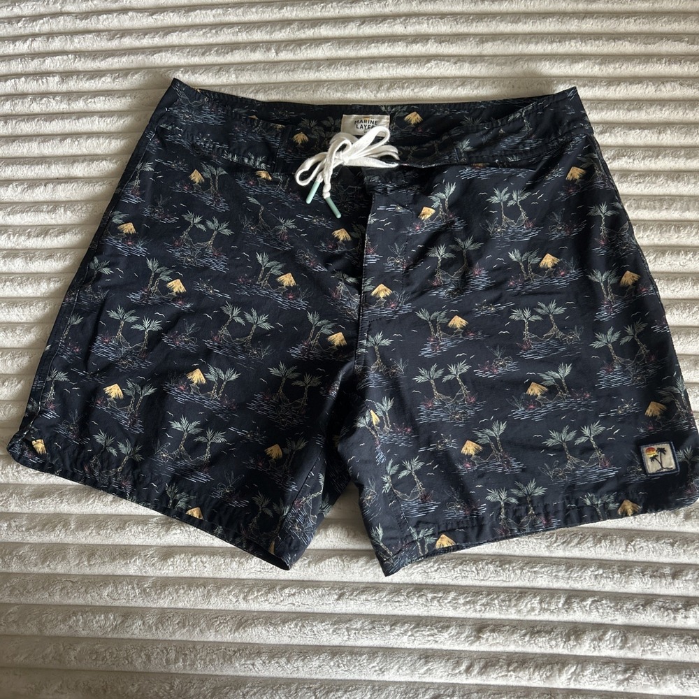 Marine Layer Men's Swim Trunks Tropical Palm Tree Print Blue Sz 34 Board Shorts